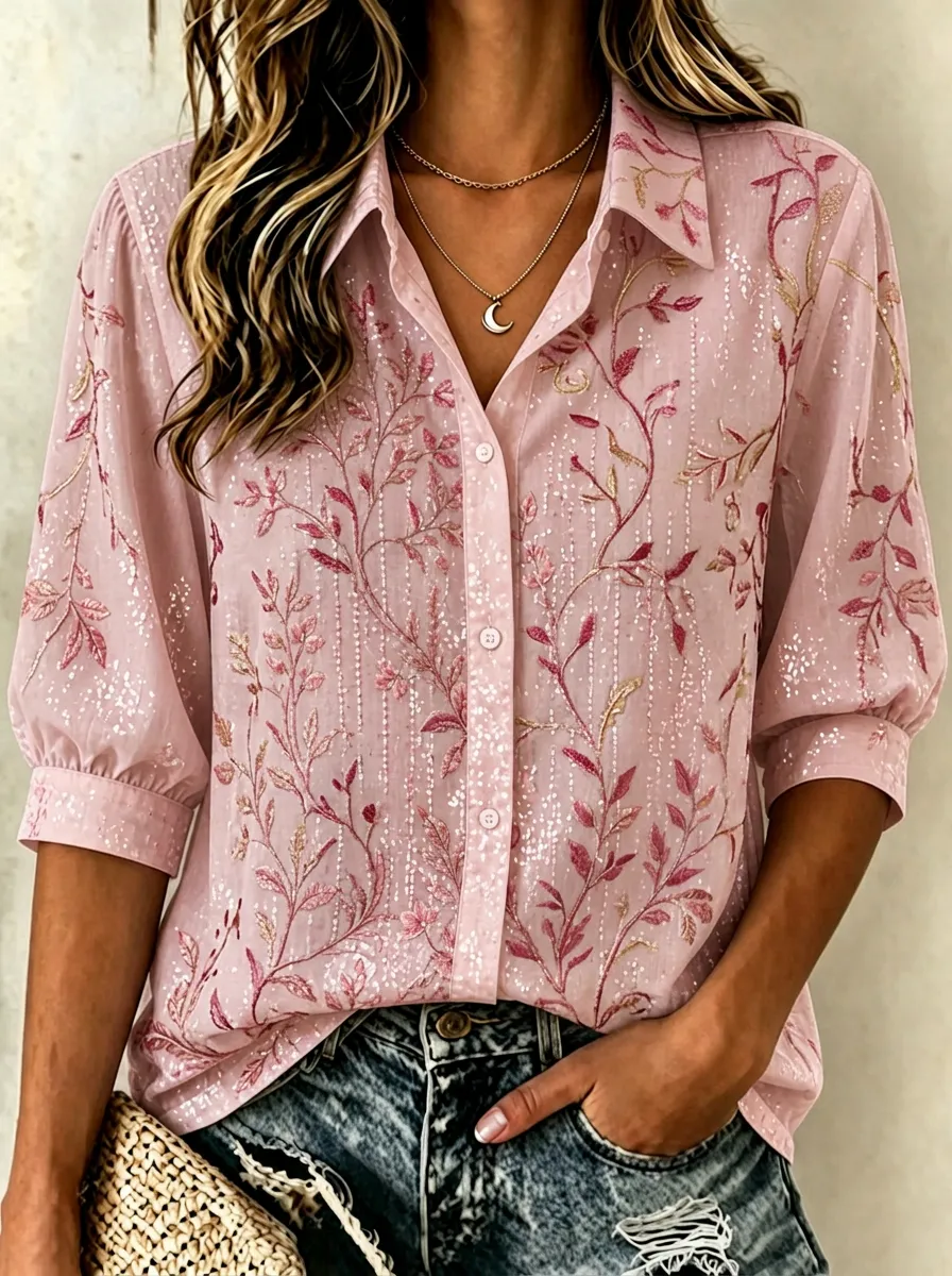 Women's Breast Cancer Awareness Pink Floral Vine Printed Button-Down Shirt