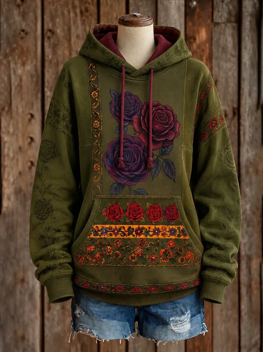 Women's Western Boho Rose Floral Patchwork Printed Hoodie