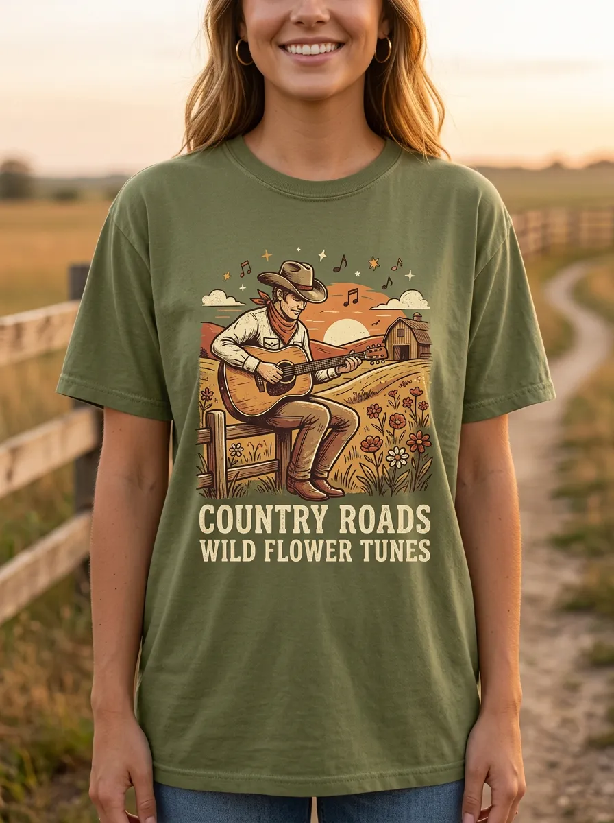 Rustic Country Music Cowboy Guitar Wildflower Crew Neck T-Shirt