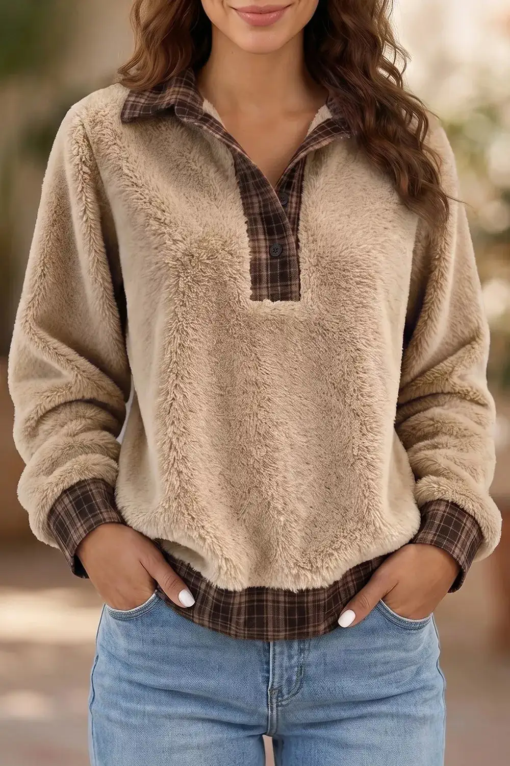 Button Front Fleece Plaid Sweatshirt