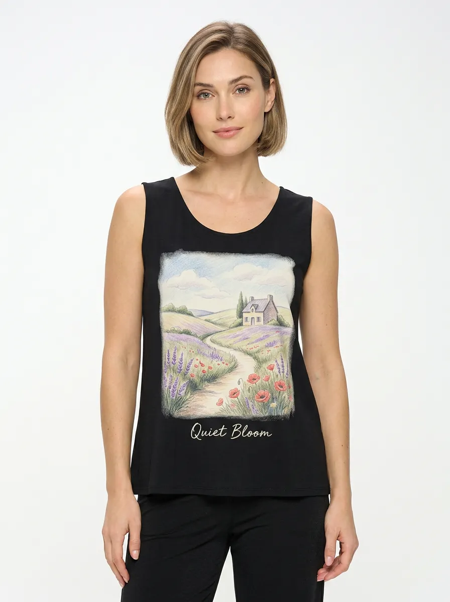 Women's Nature Lover Quiet Bloom Lavender Poppy Field Printed Tank Top