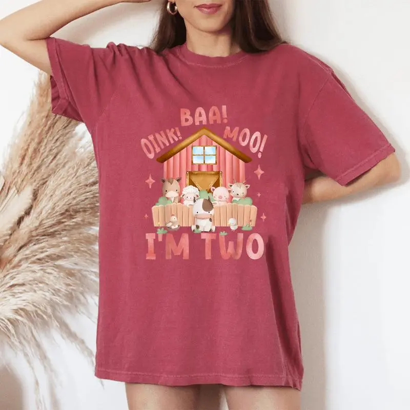 Oink Baa Moo I'm 2 Farm Theme Birthday 2 Yrs Old Girl Women's Oversized Comfort T-Shirt