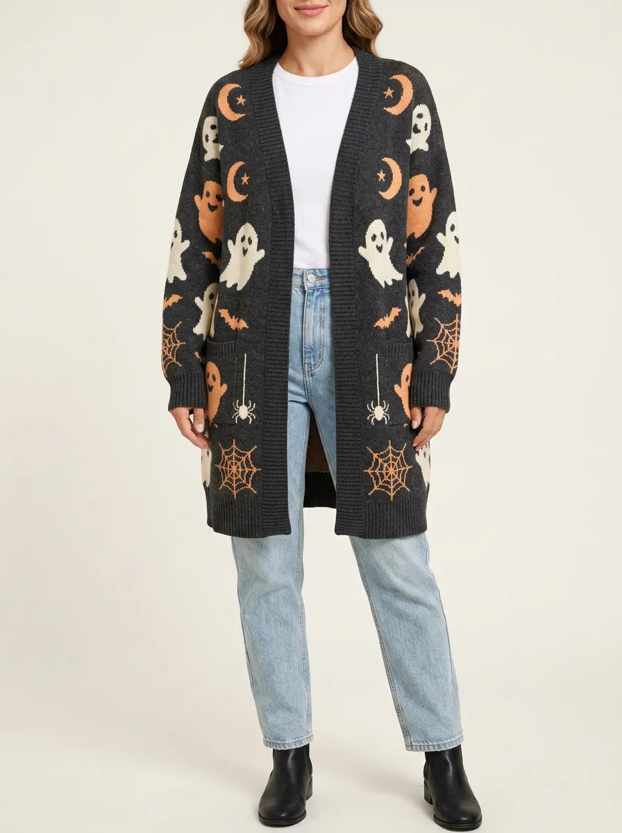 Women's Halloween Ghost Moon Spider Web Patterned Cardigan