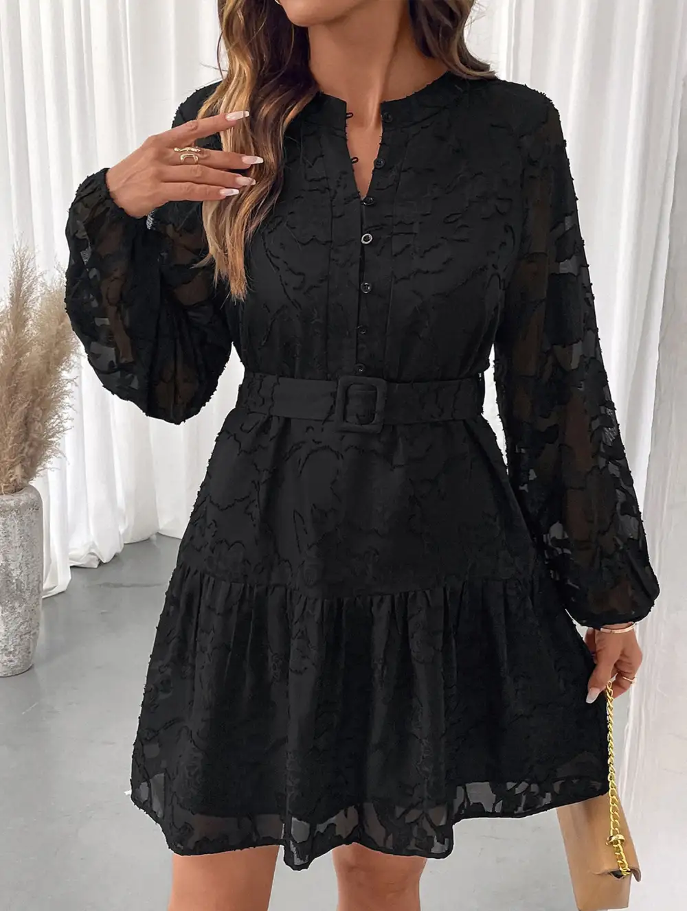 Jacquard Long Sleeve Mini Dress