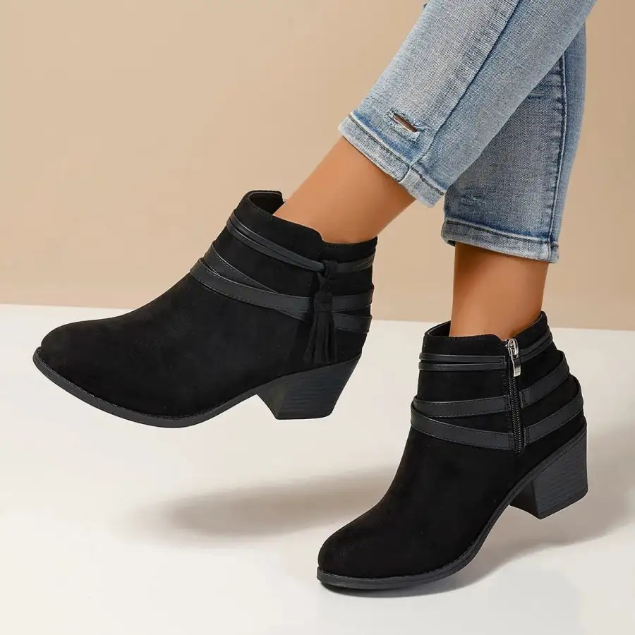 Tassel Point Toe Block Heels Boots