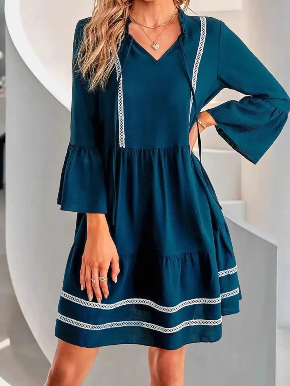 Textured Detail Long Sleeve Mini Dress