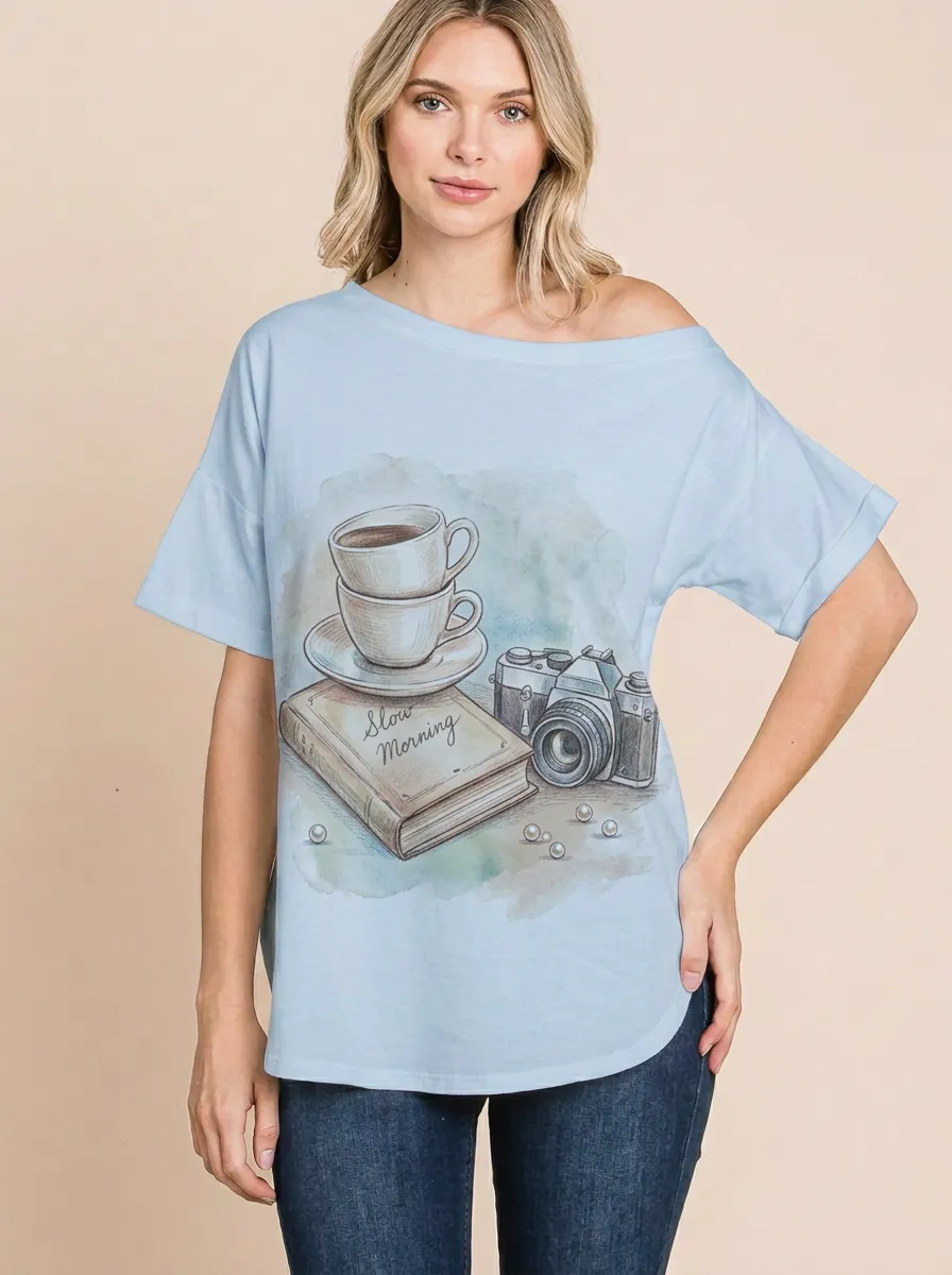 Women's Coffee Book Camera Lover Slow Morning Printed T-shirt