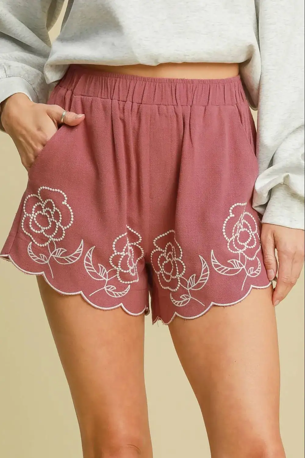 Linen Blend Shorts With Floral Embroidered Details