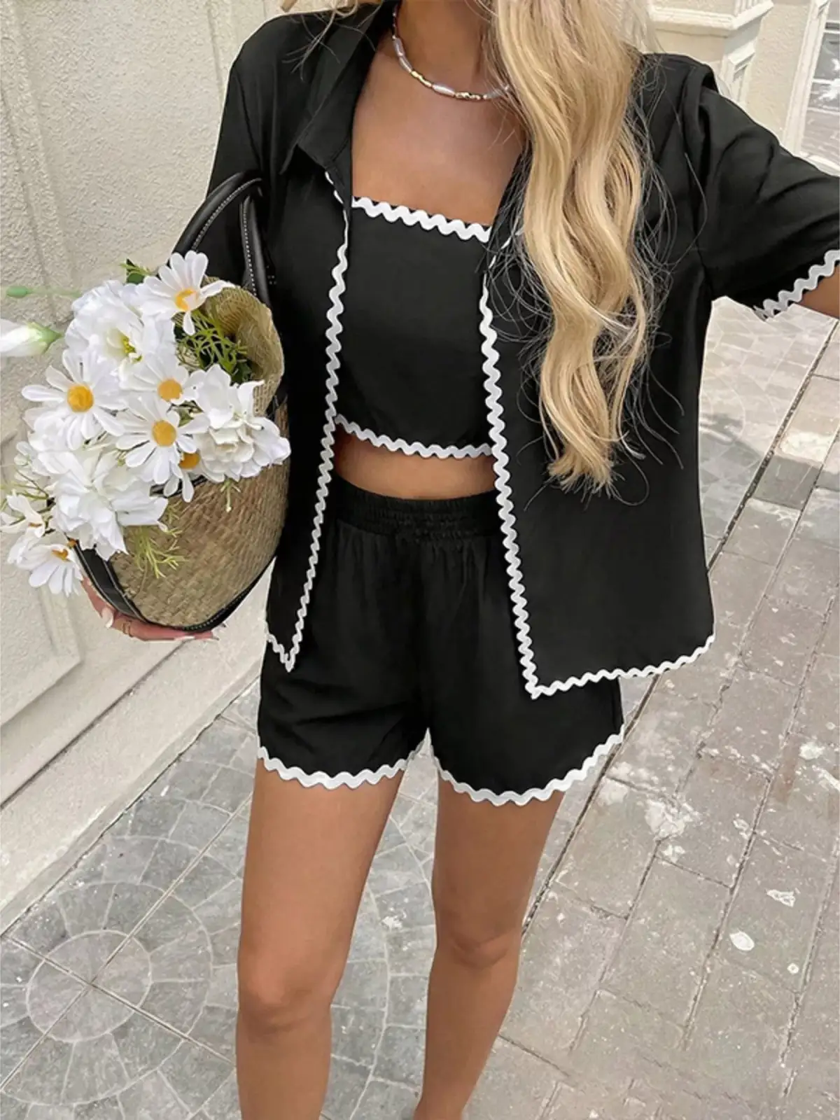 Refined Scalloped Top and Shorts Matching Set