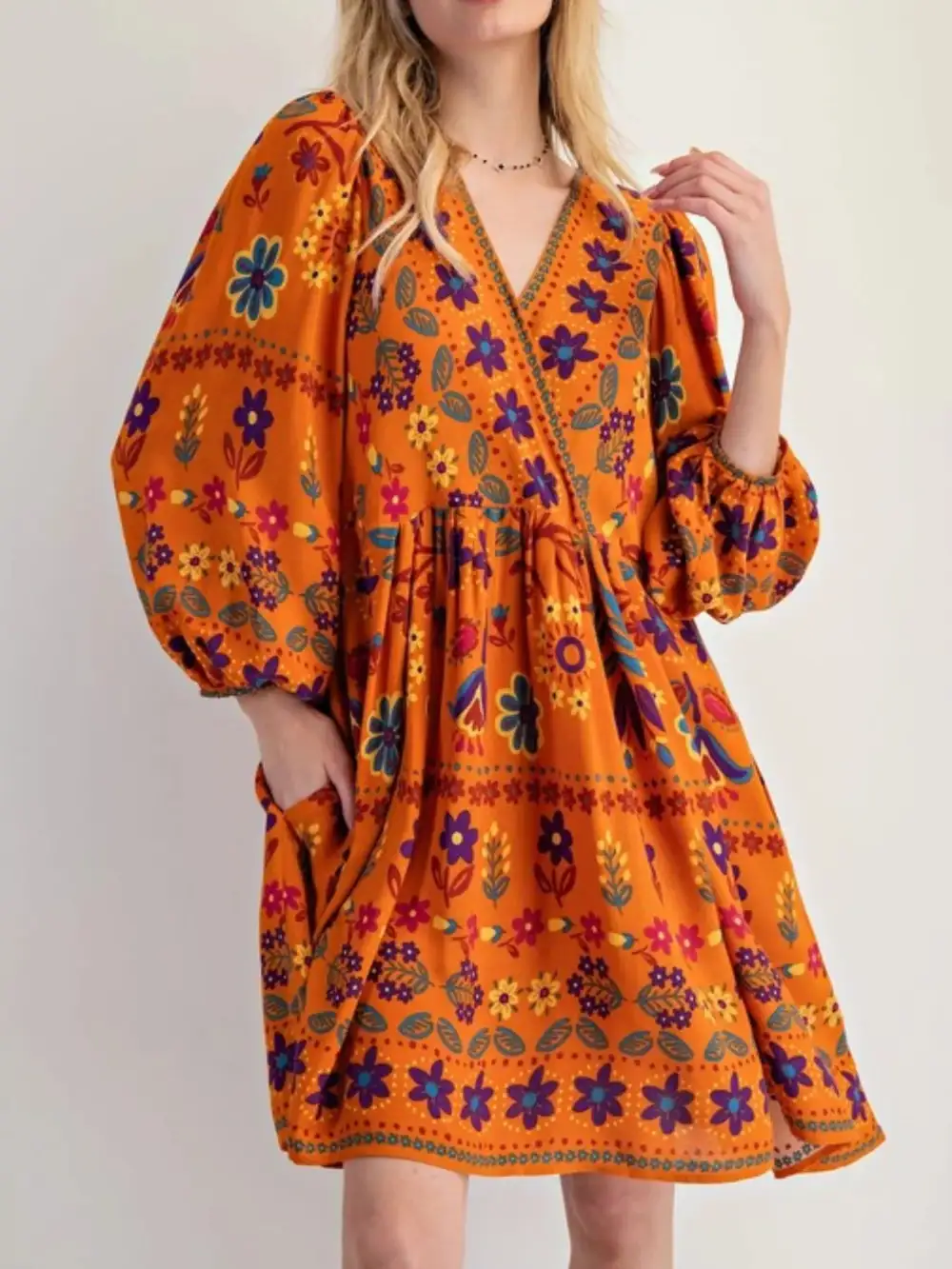 Structured Shape Floral Printed Long Sleeve Mini Dress