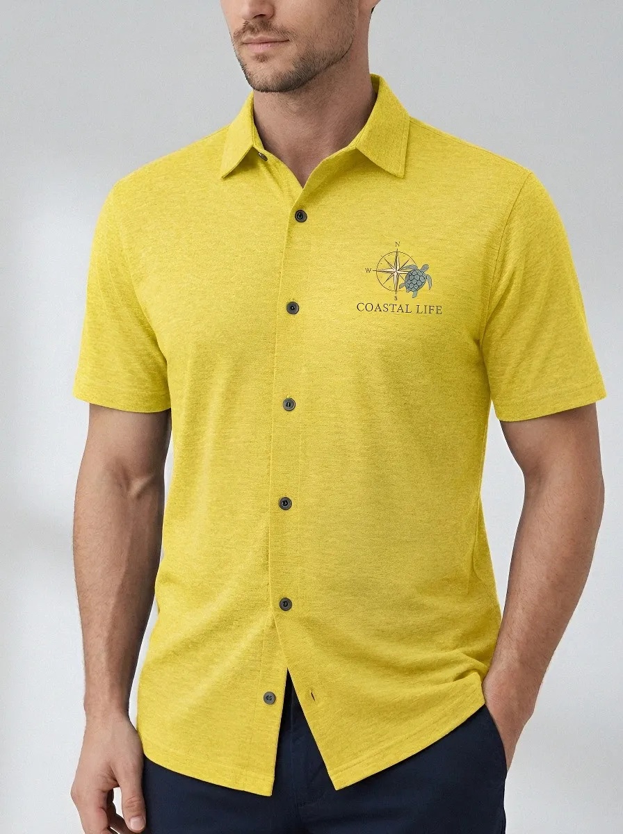 Men's Coastal Life Sea Turtle Compass Printed Button-Down Shirt