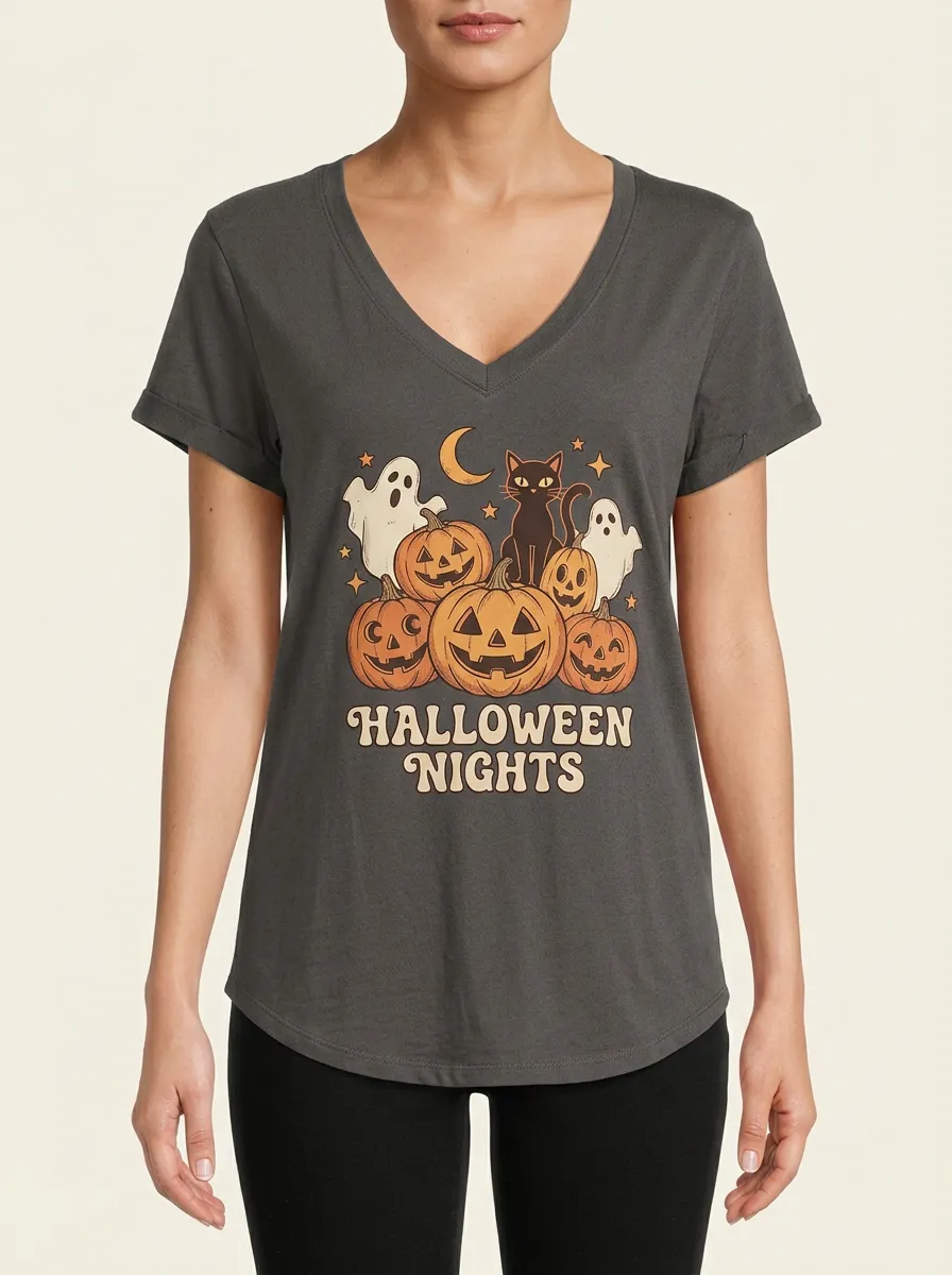 Women's Halloween Nights Pumpkin Ghost Cat Printed V-neck T-shirt
