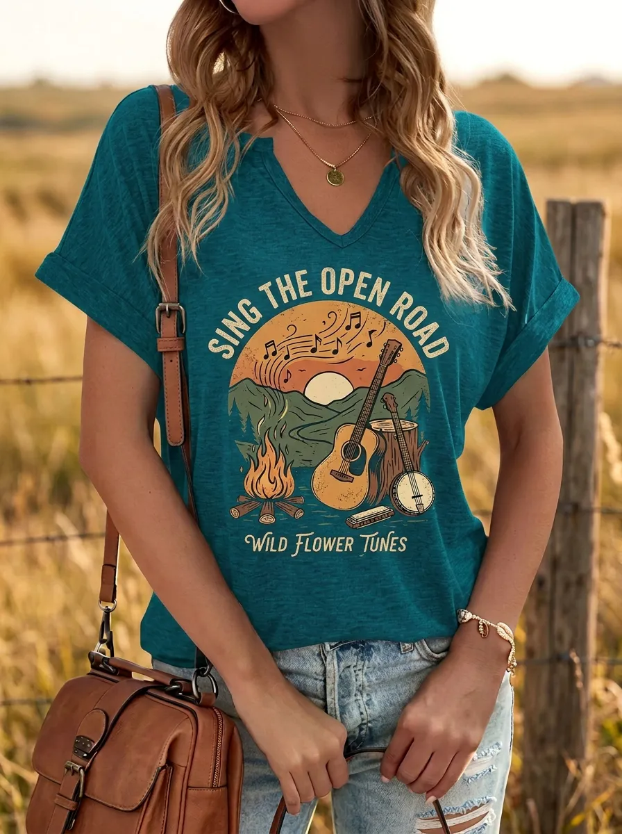 Rustic Guitar Women's Country Music V-Neck T-Shirt