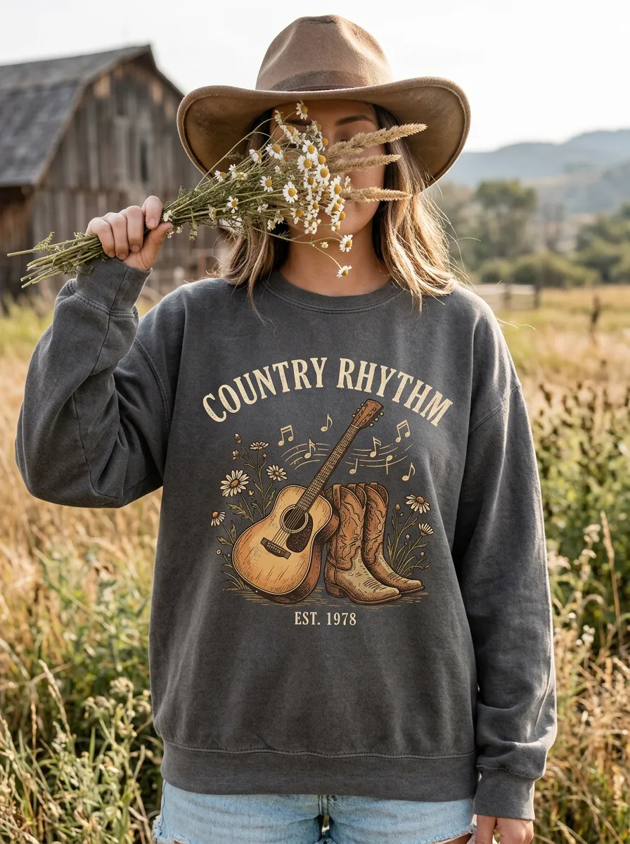 Western Music Cowboy Boots Guitar Style Crewneck Sweatshirt