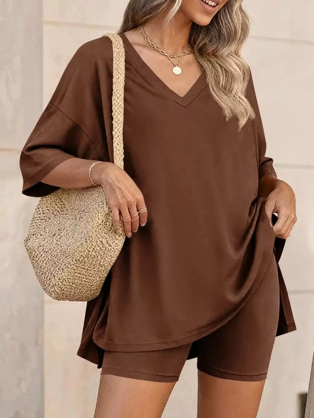 Casual Loose V Neck T Shirt Shorts Sets
