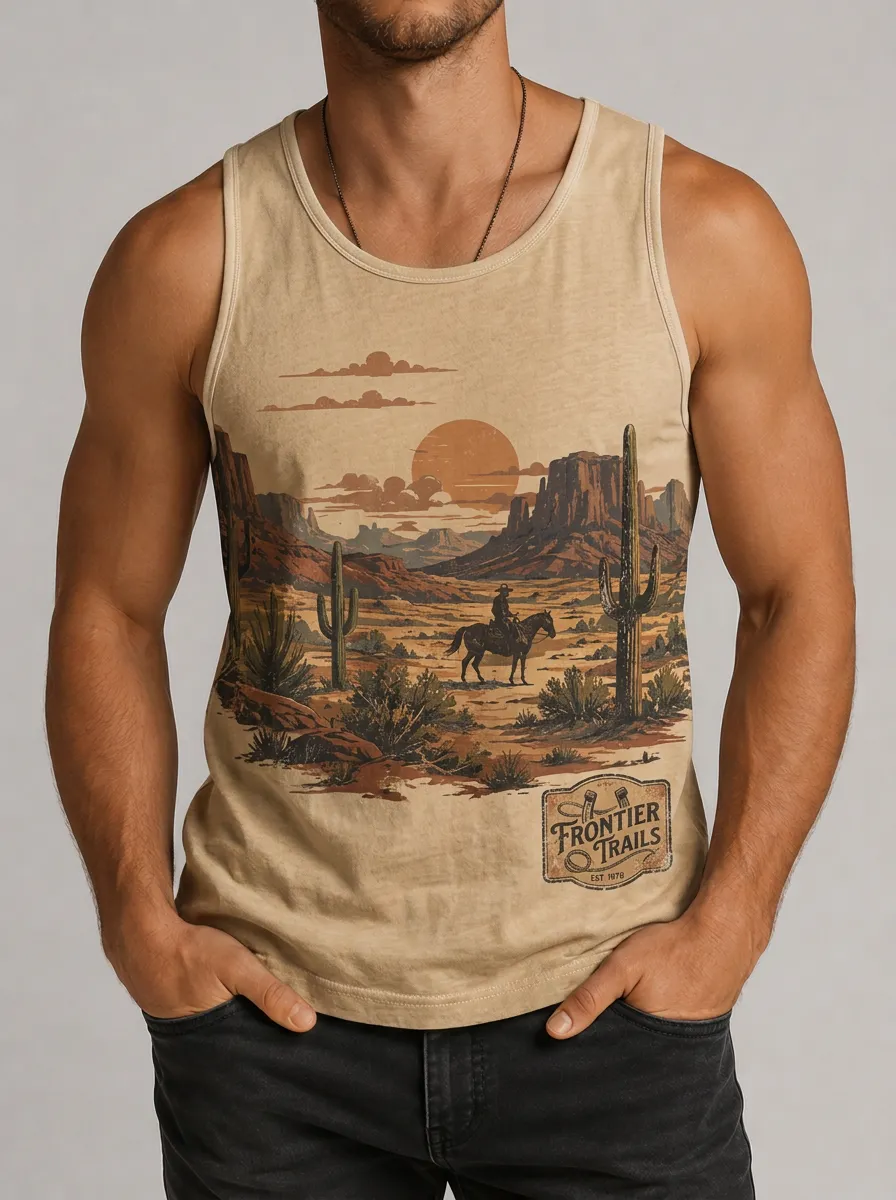Men's Western Cowboy Frontier Trails Desert Printed Tank Top
