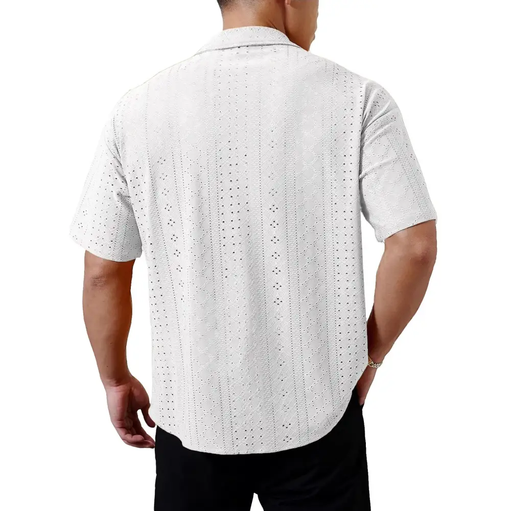 Men's Short-Sleeve Casual Shirt With Openwork Embroidery Lapel Collar And Relaxed Fit