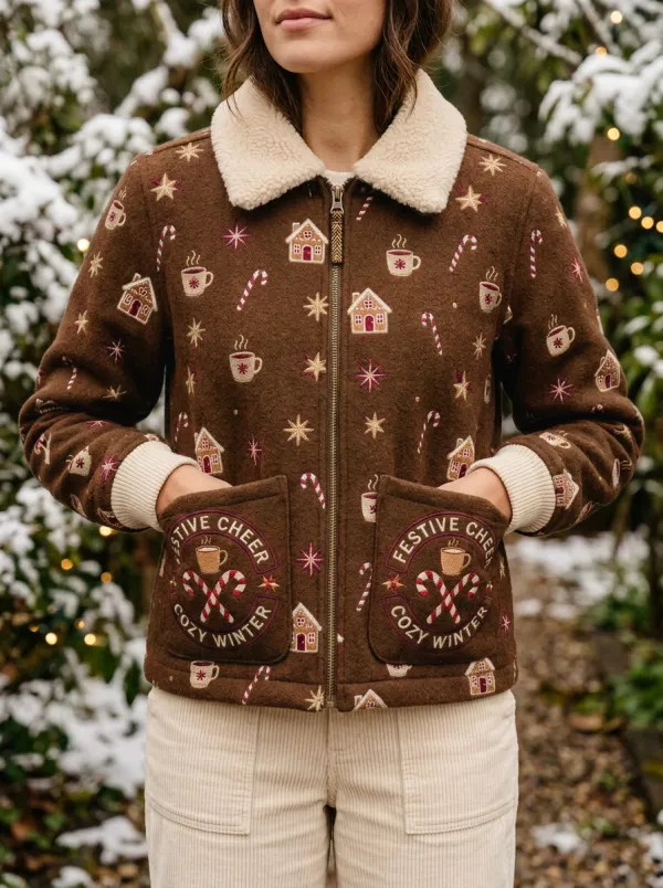 Christmas Gingerbread House Candy Cane Print Fleece Jacket