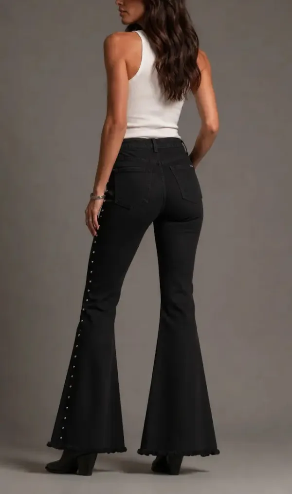 Studded Detail Flare High Rise Frayed Hem Denim Jeans