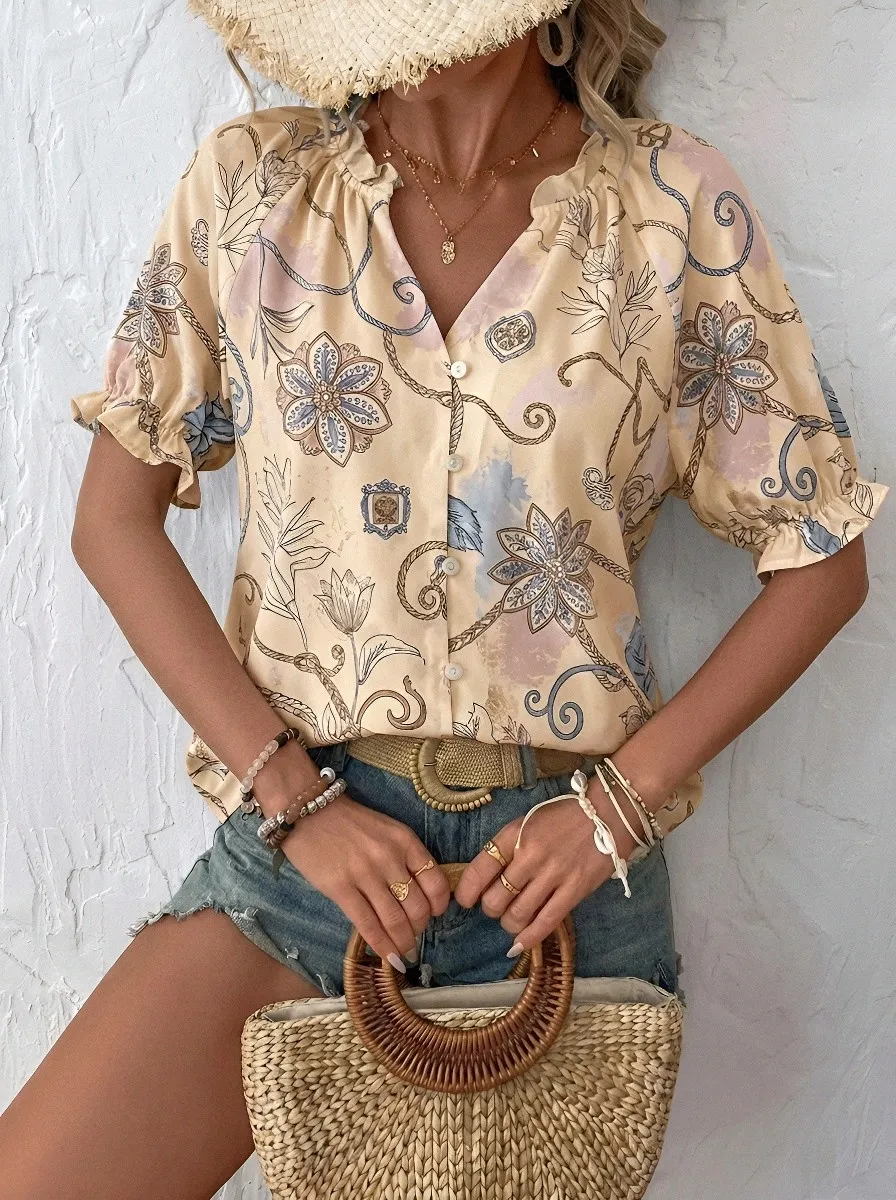 Women's Boho Floral Rope Pattern Printed Button Up Blouse