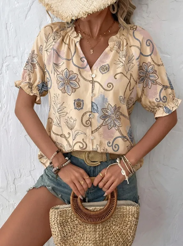 Women's Boho Floral Rope Pattern Printed Button Up Blouse