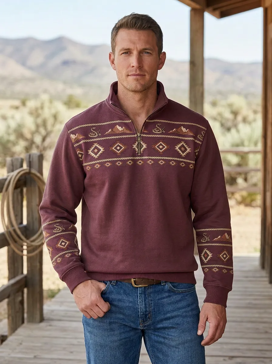 Men's Classic Western Cowboy Mountain Geometric Half-Zip Sweatshirt