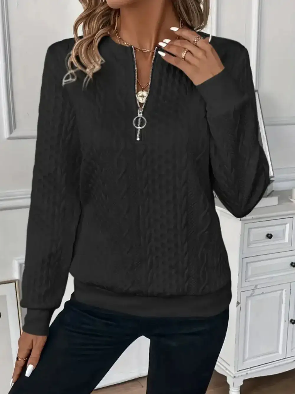 Texture Half Zip Long Sleeve Sweater