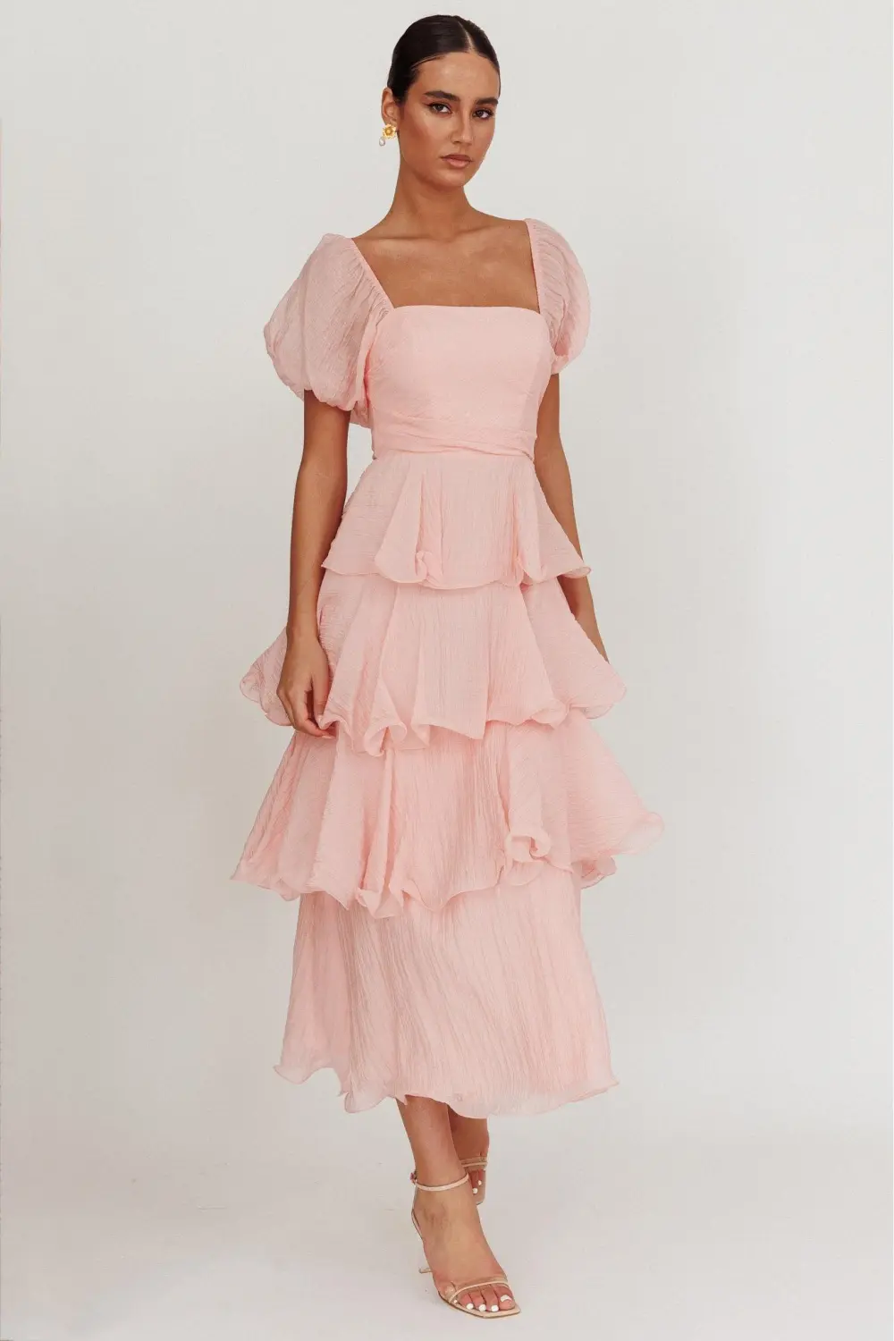 Chiffon Ruffle Square Collar Midi Dress