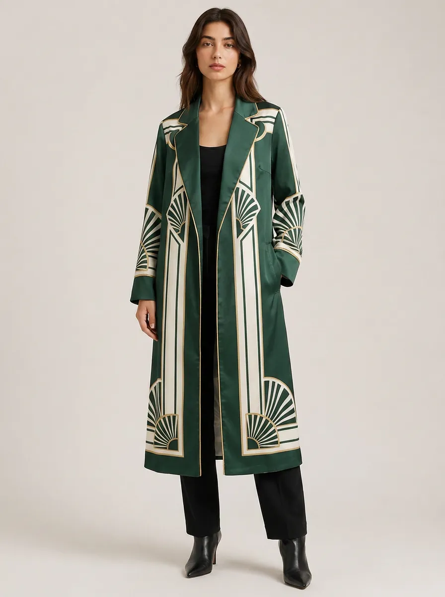 Women's Art Deco Fan Pattern Printed Long Coat