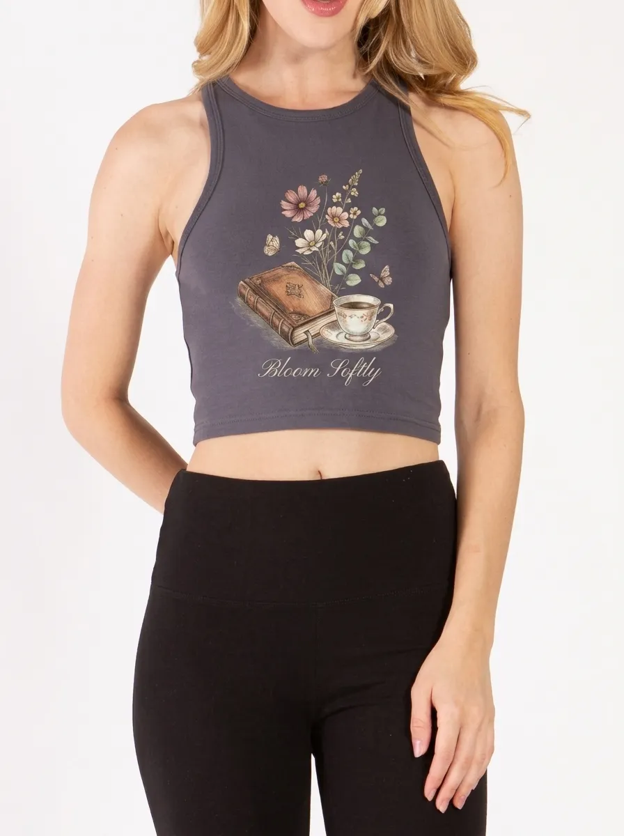 Women's Book Lover Coffee Floral Bloom Softly Printed Crop Top