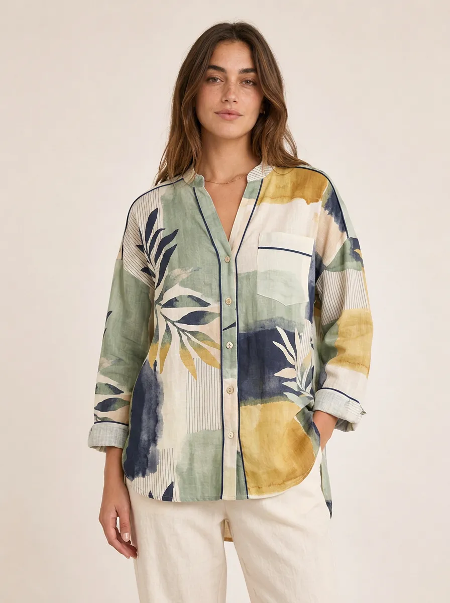 Women's Abstract Botanical Watercolor Printed Button Down Shirt