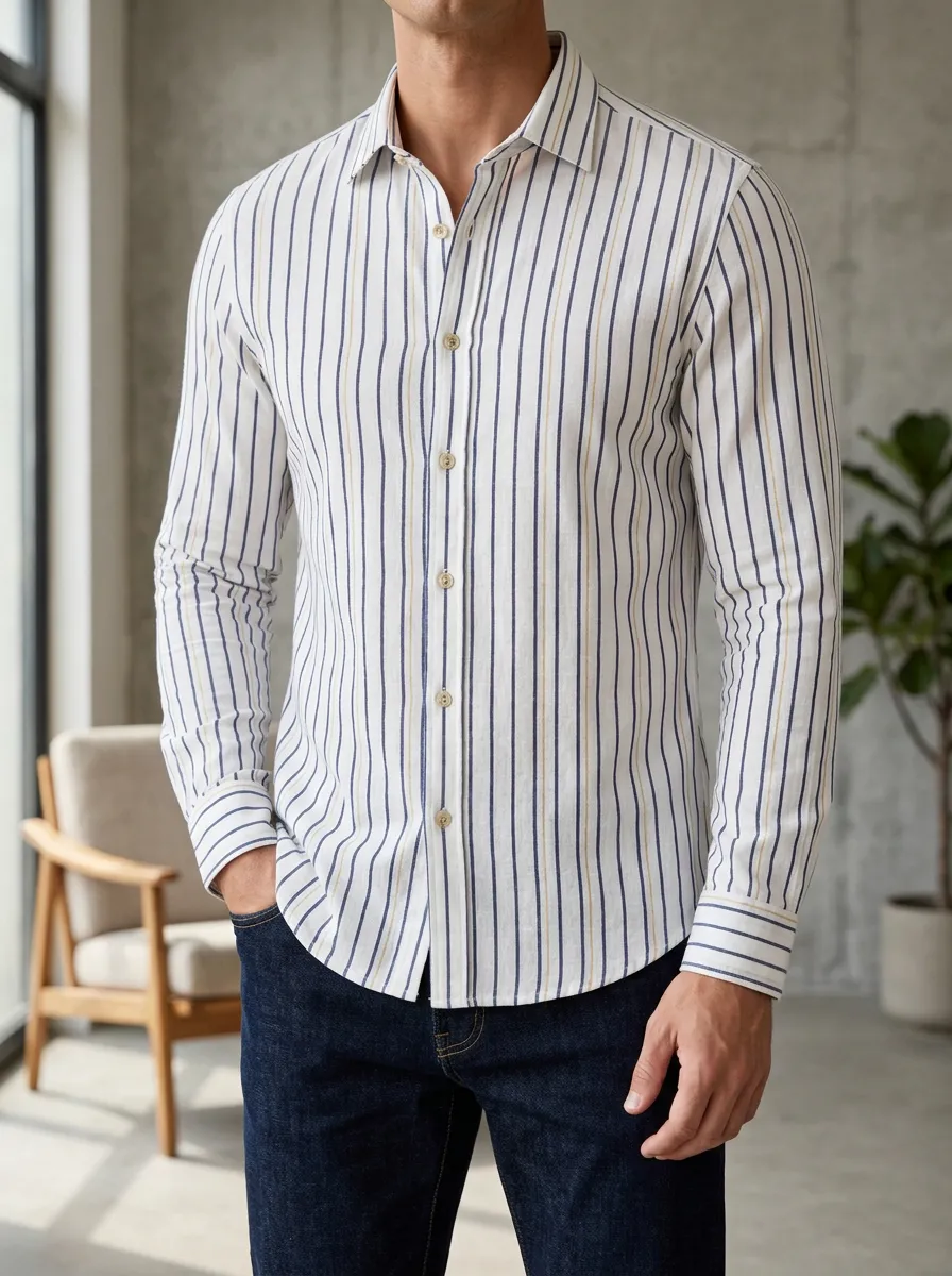Men's Casual Business Blue Yellow Striped Printed Slim Fit Shirt