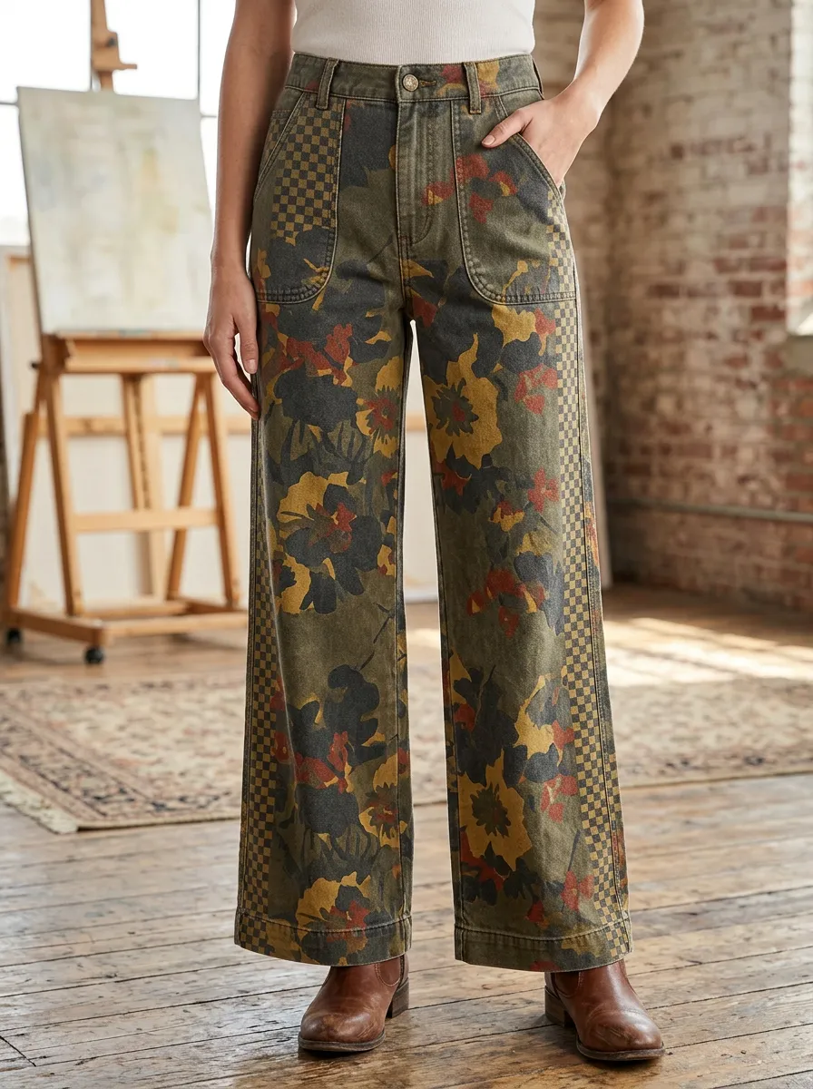Women's Floral Checkerboard Pattern Printed Wide Leg Pants