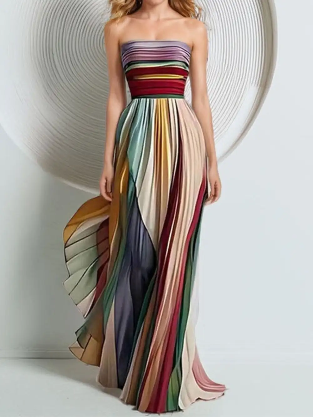 Pleated Strapless Striped Maxi Dress