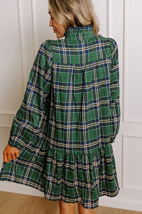 Plaid Print Frilly Collar Long Sleeve Shift Mini Dress Chic