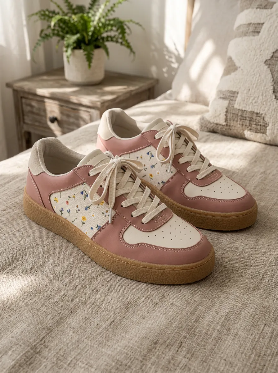 Women's Floral Pattern Pink Cream Printed Sneakers