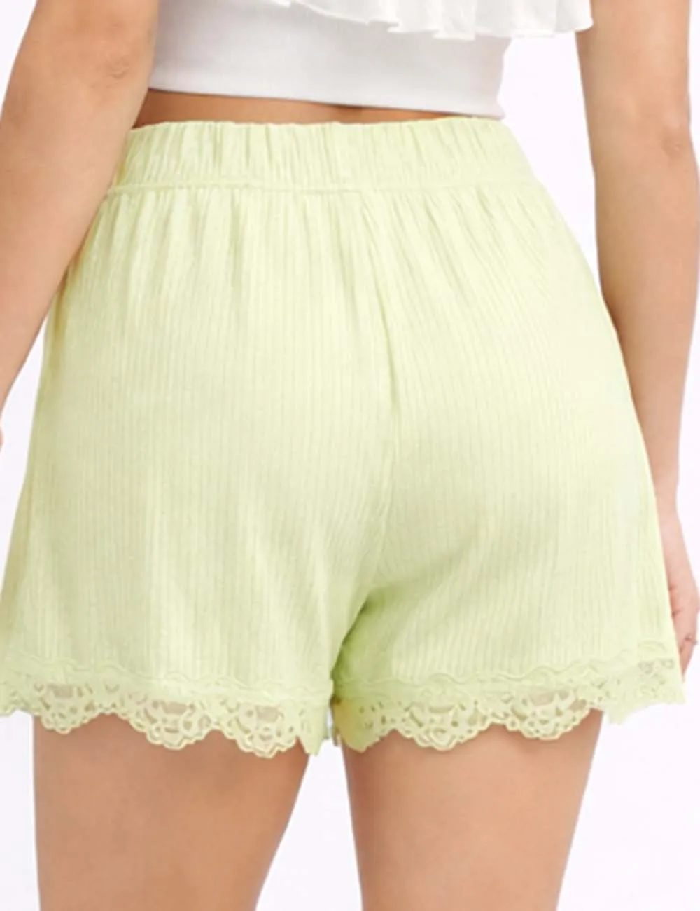 Ribbed Knit Elastic Waist Lace Trim Wide Leg Easy Shorts