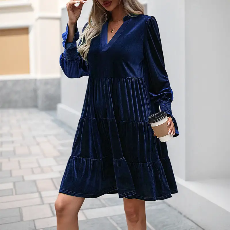 Women's V-Neck Velvet Ruffled Evening Dress