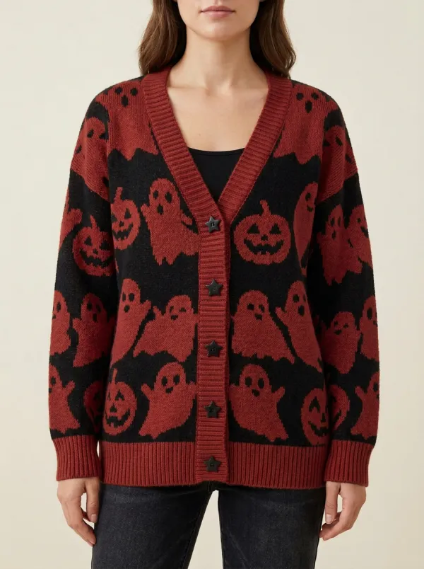 Women's Halloween Pumpkin Ghost Pattern Knitted Cardigan