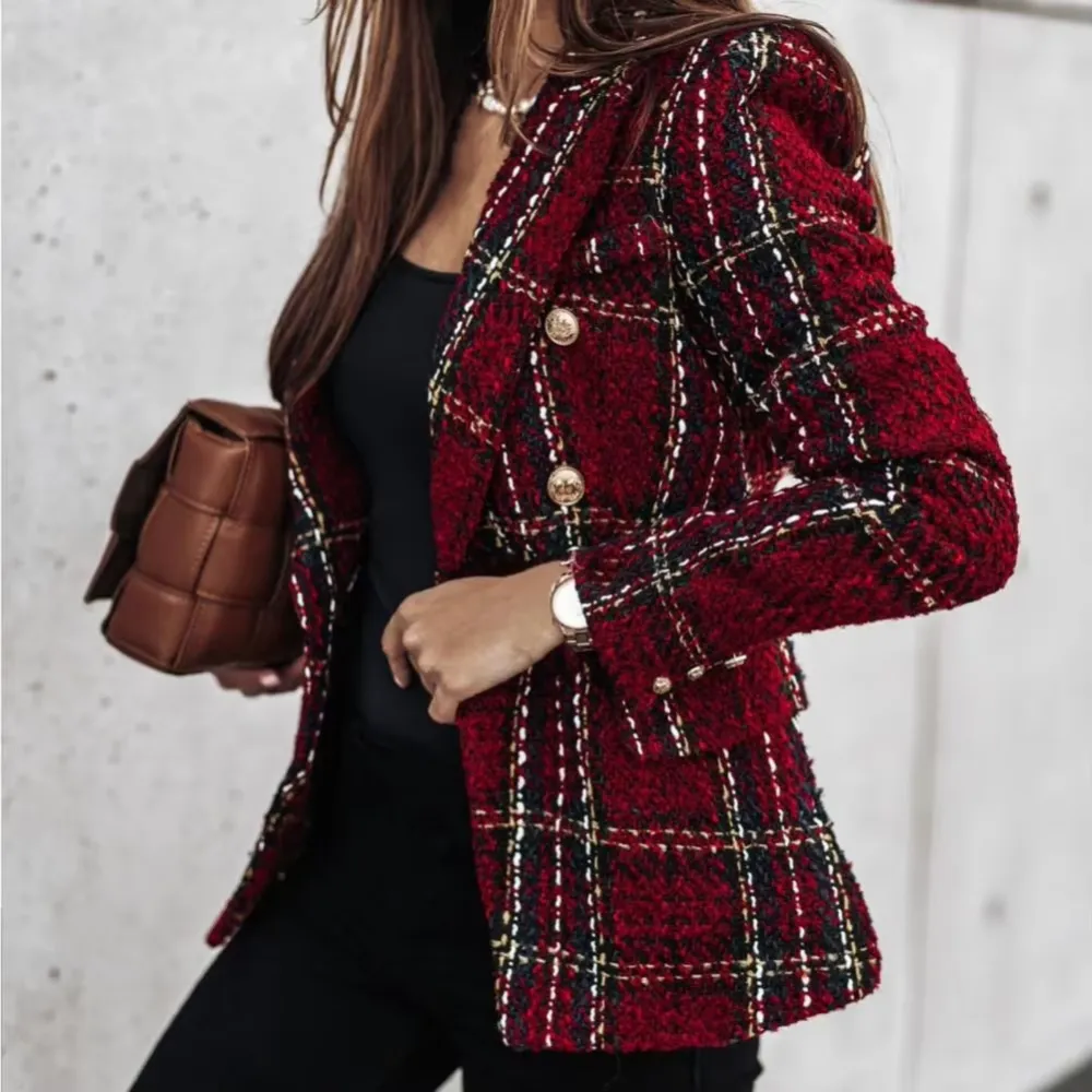 Double-Breasted Plaid Tailored Blazer