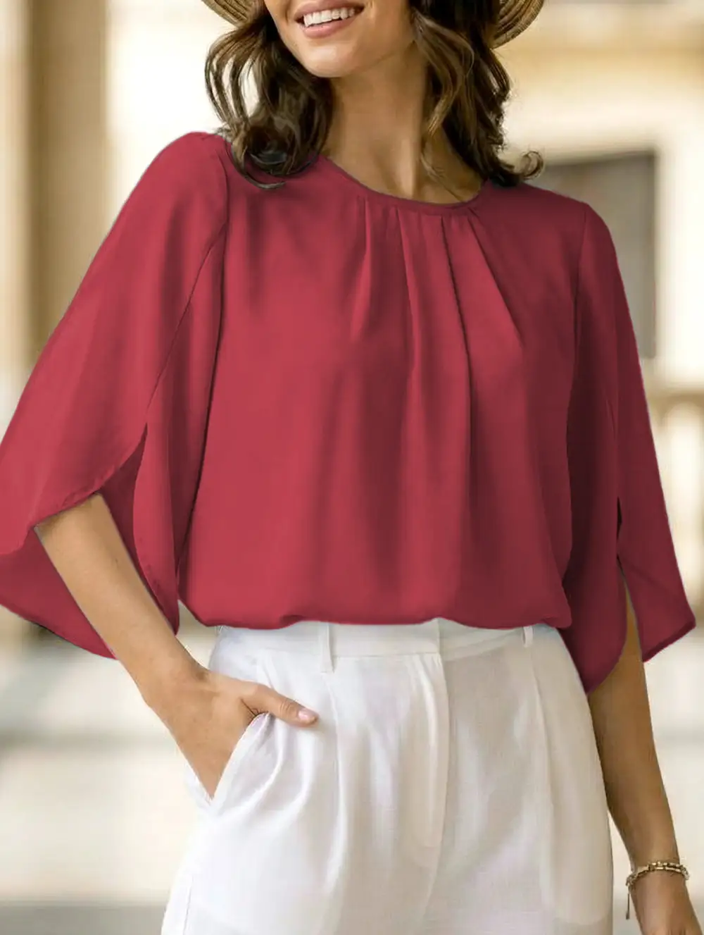 Chiffon Crew Neck Half Sleeve Blouse