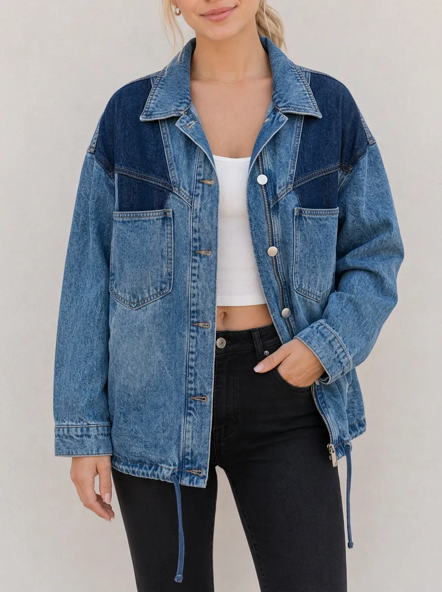 Women's Casual Two-Tone Colorblock Denim Jacket