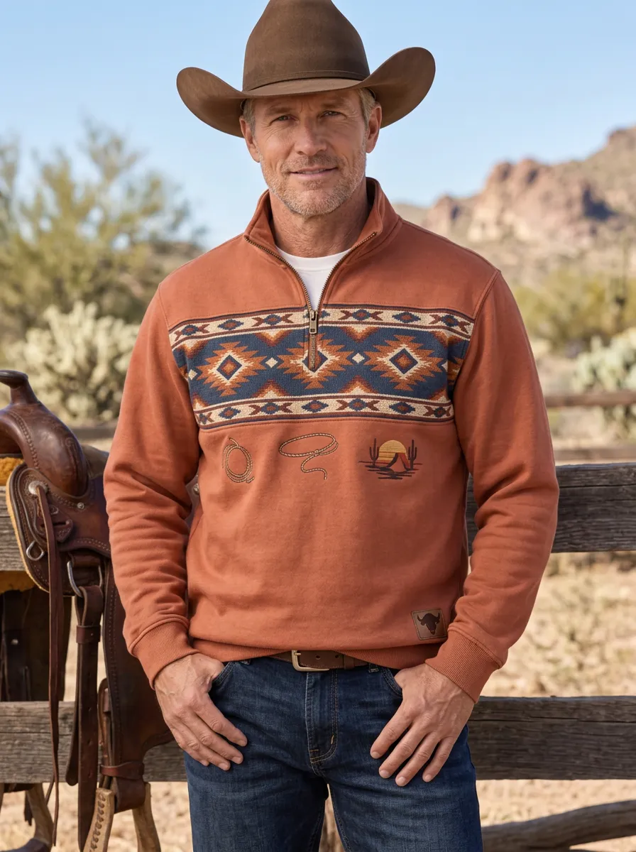 Men's Western Cowboy Lasso Cactus Quarter-Zip Sweatshirt