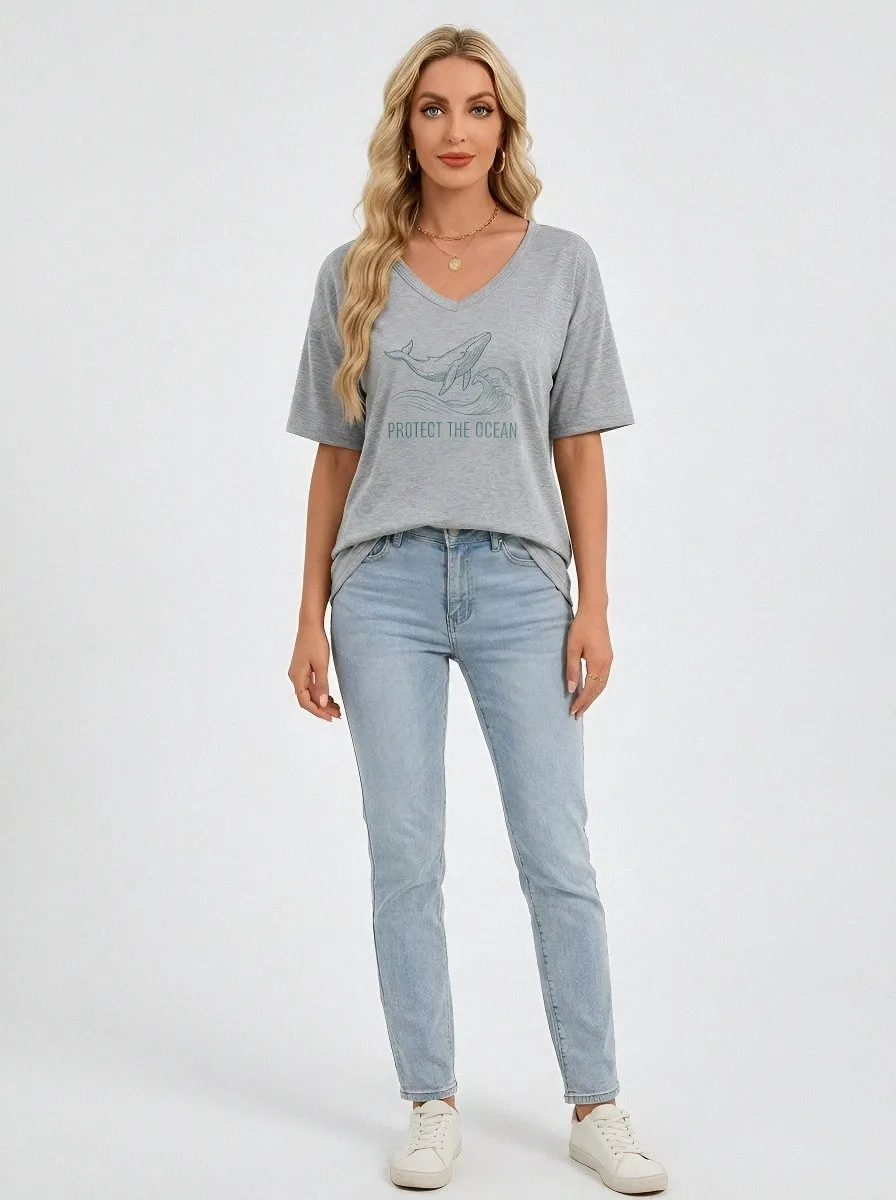 Women's Ocean Lover Whale Protect The Ocean Printed V-neck T-shirt