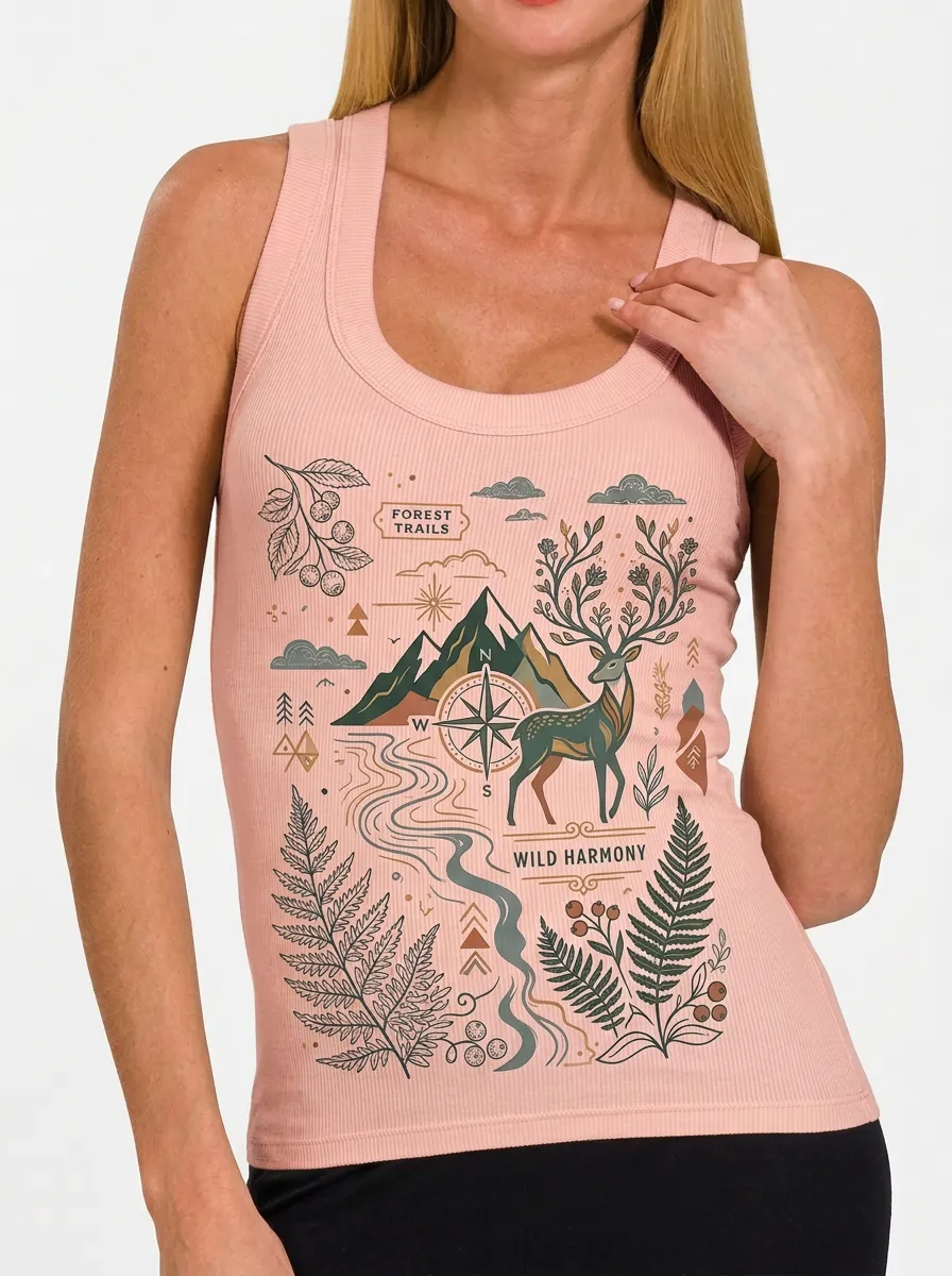 Women's Nature Lover Forest Deer Compass Printed Tank Top
