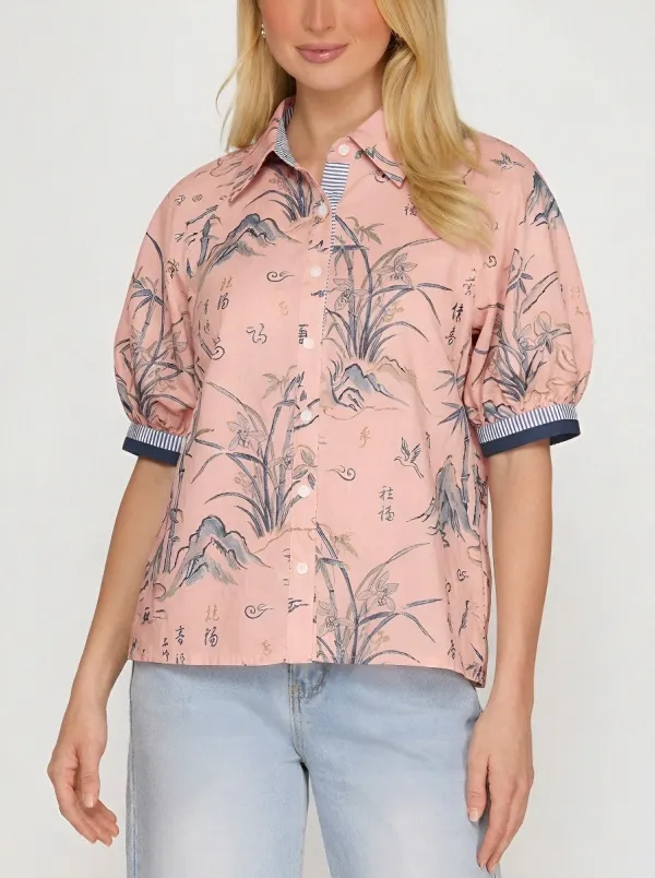 Women's Oriental Ink Wash Landscape Printed Puff Sleeve Shirt
