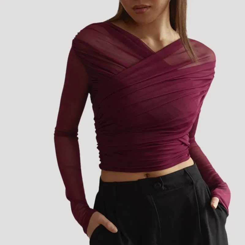 Spring Sheer Wrap Long-Sleeve Top