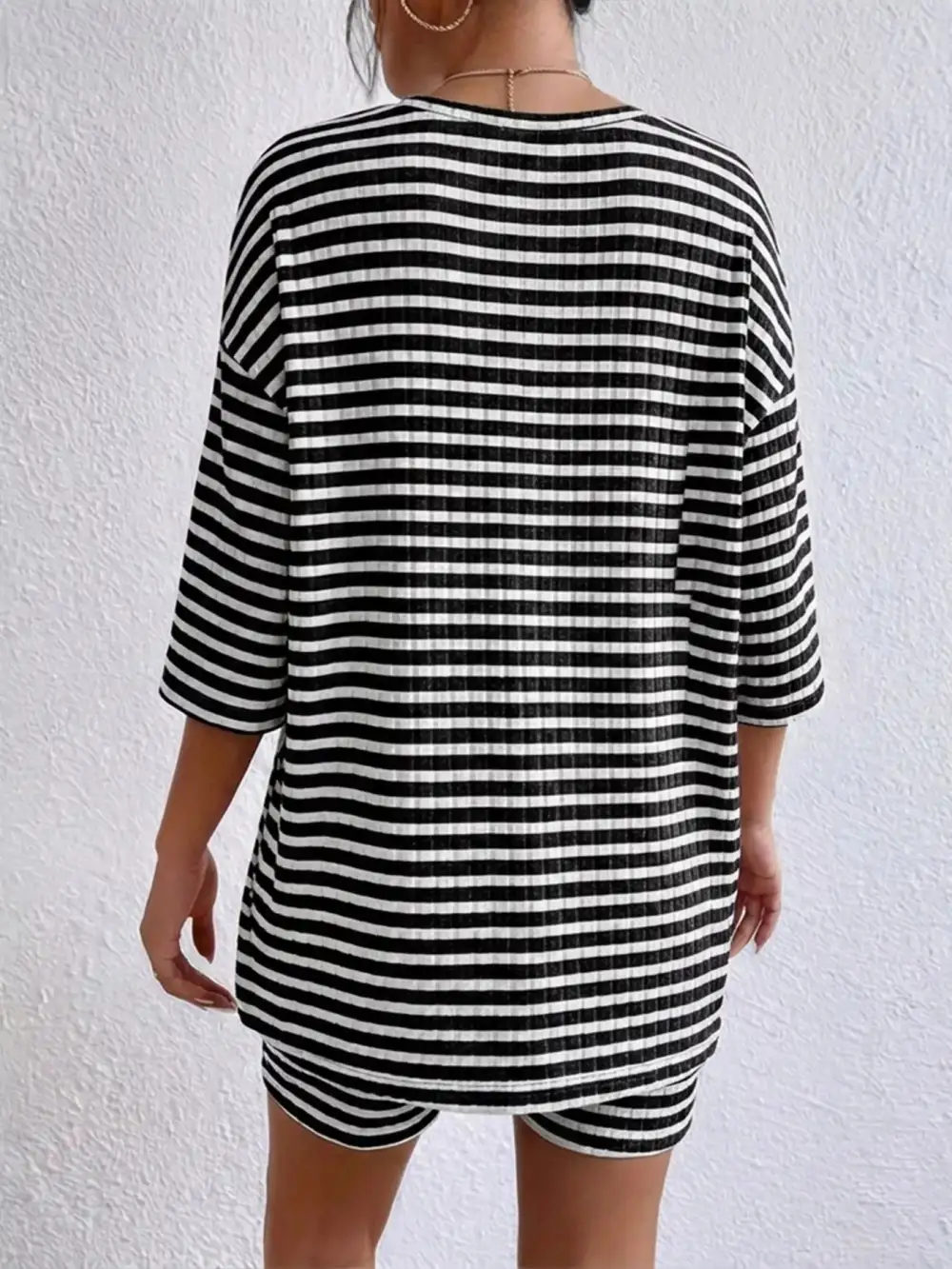 Striped Round Neck Top Shorts Set