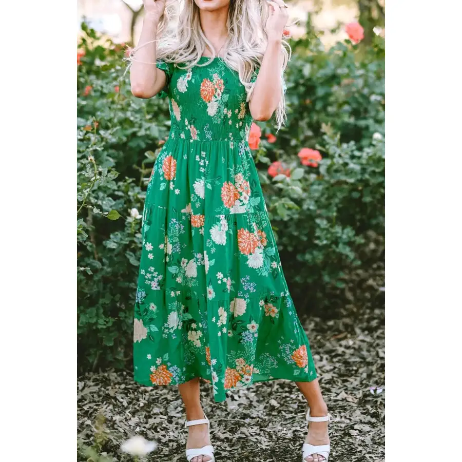 Bubble Sleeve Smocked Tiered Midi Dress