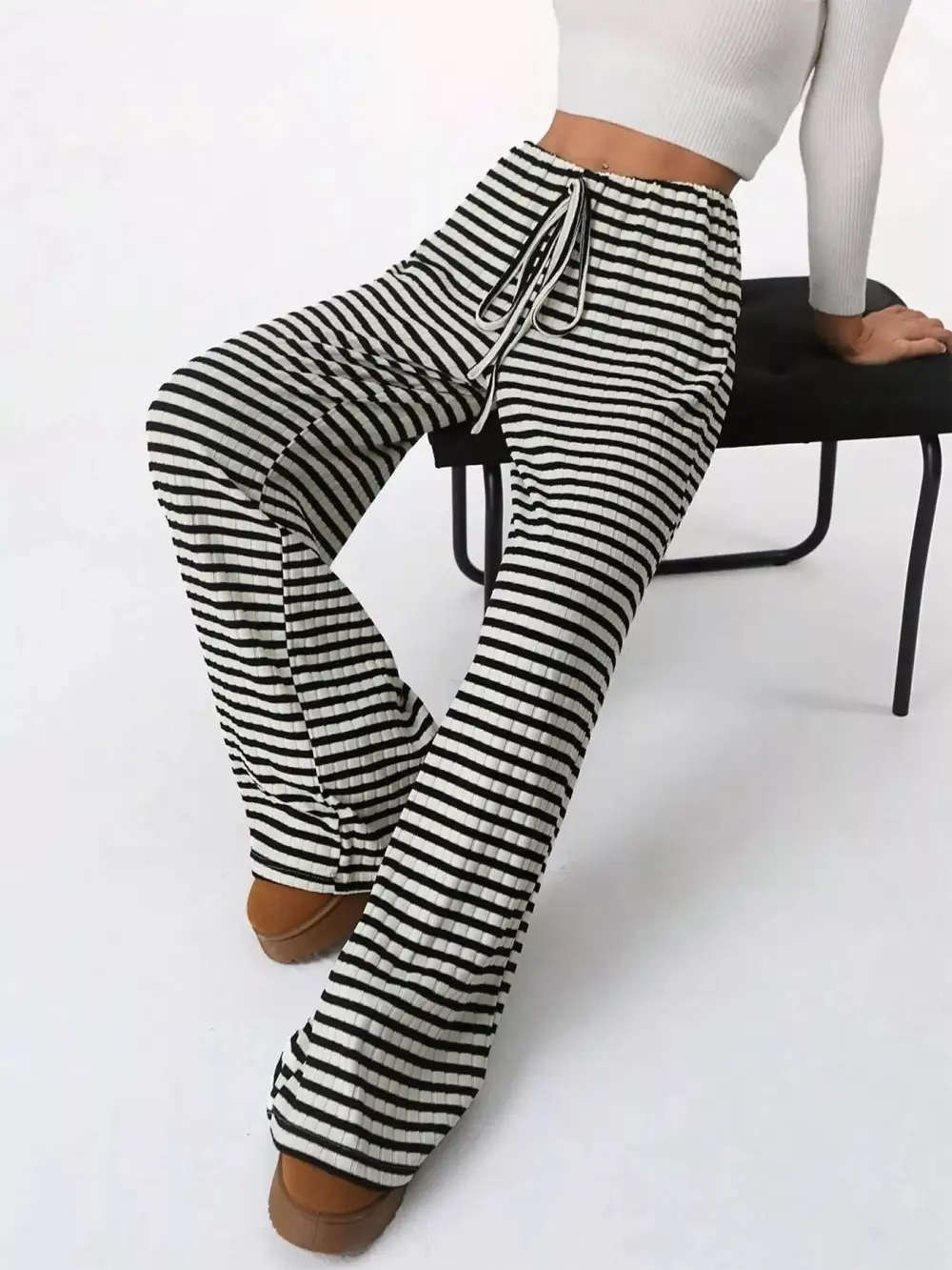 Striped Ribbed Knit Drawstring Waist Wide Leg Pants
